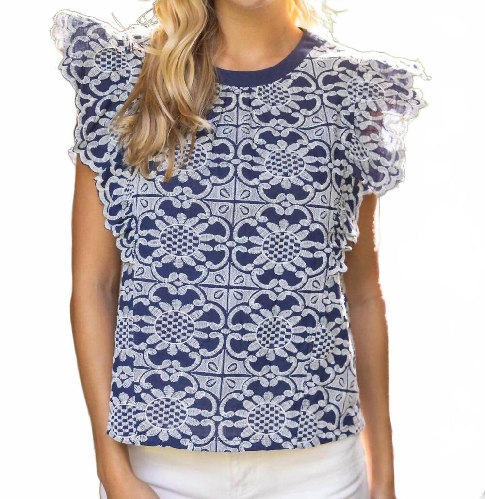 NEW VOY embroidered lace flutter sleeve top in navy